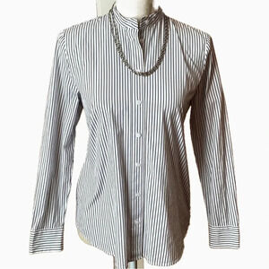 JUDITH & CHARLES Navy Striped Cotton Poplin Mandarin Collar Button Down Shirt 2